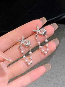 1 par de pendientes con colgante de estrella de mar y concha, perla falsa y borla, con vibra oceánica, adecuado para vacaciones, fiestas y reuniones - Plateado - Ver 6