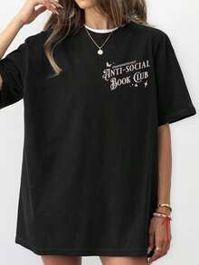 Women's Plus Size Black Short-Sleeved Crew Neck T-Shirt With "Antisocial Book Club" Graphic Print, Perfect For Summer, Simple And Casual Everyday Wear - 黑色 - 查看 4