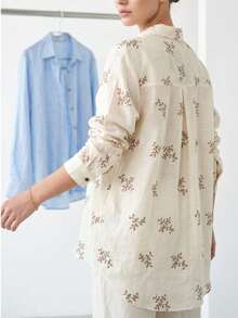 Women's Brown Branch Pattern Shırt- Relaxed Fit - Made In Turkey - Yellow - View 3