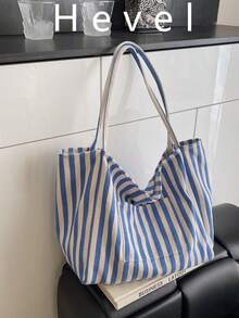 Hevel Vintage Style Fashion Striped Canvas Tote Bag, Large Capacity Shoulder Bag, Casual Design Suitable For Women's Travel And Vacation Use, Essential Travel Accessory For Women - Blue - View 1