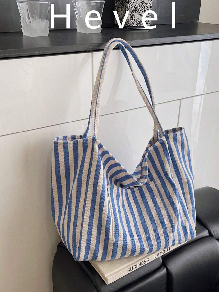 Hevel Vintage Style Fashion Striped Canvas Tote Bag, Large Capacity Shoulder Bag, Casual Design Suitable For Women's Travel And Vacation Use, Essential Travel Accessory For Women - Blue - View 1
