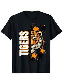 Camiseta con Estampado de Mascota Tigre - 100% Algodón, Uso Casual y para Exteriores, Naranja y Negro, Tallas S-XXXL, Espíritu Escolar, Regalo de Manga Corta, Unisex, Artículos de  Caliente, Suave, Transpirable, Ligera - Cuello Redondo, Corte Regular - Lavable a Máquina, Camiseta de Manga Corta con Estampado Gráfico de Cuello Redondo de Algodón Cómodo - Negro - Ver 1