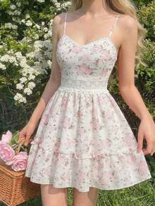 MOD Vestido mini elegante de verano con tirantes finos, encaje, parches y pliegues con estampado floral diminuto - Multicolor - Ver 2