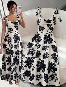 elegante y romántico para mujer con lazo decorativo en la cintura y corte evasé sin mangas - Multicolor - Ver 1