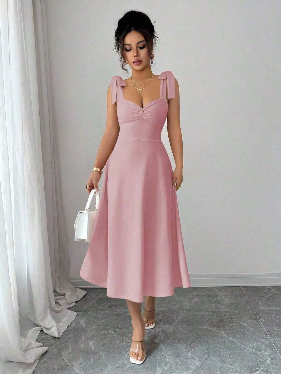 elegante y romántico para mujer con lazo decorativo en la cintura y corte evasé sin mangas - Rosa vieja - Ver 1