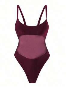 Traje de baño de una sola pieza para mujer con diseño de unicolor, tirantes, parches de malla, sexy y con recortes, estilo bohemio para festivales - Burdeos 2 - Ver 4