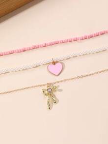 NAIZHU 3pcs/Set Cute Bow, Heart & Butterfly Pendant Colorful Beaded Necklace Set, Random Color, Gift For Girls - Multicolor - View 4