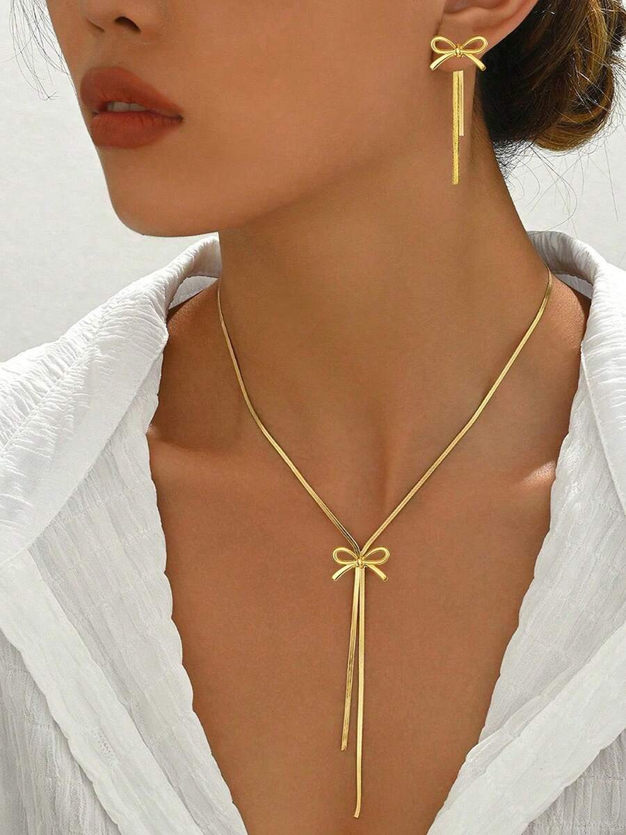 3pcs Stainless Steel Butterfly Pendant Necklace & Earring Set, Fashion Gold Color Jewelry Accessories Suitable For Daily Wear, Gift - Multicolor - View 1