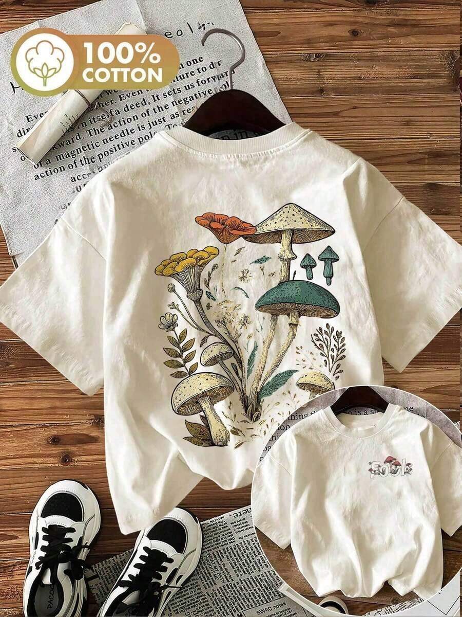 [Double-Sided Print On Front And Back] Women's Casual Fashion T-Shirt For Spring And Summer, Retro Style With Floral And Mushroom Print, Round Neck, 100% Cotton, Soft Fabric, Short Sleeve - 杏色 - 查看 1