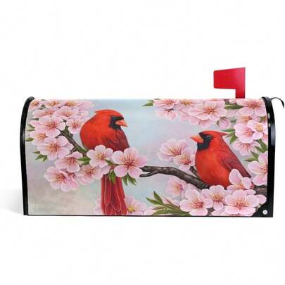 1pcs Red Cardinal Birds Spring Flowers Summer Sakura Magnetic Mailbox Cover MailWraps Garden Yard Home Decor For Outside Oversized-25.5" X20.8"