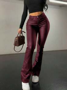 Pantalones acampanados de estilo estadounidense de primavera con efecto de piel sintética negra, estilizadores y alargadores de piernas, de moda para mujeres jóvenes de uso casual - Burdeos - Ver 7