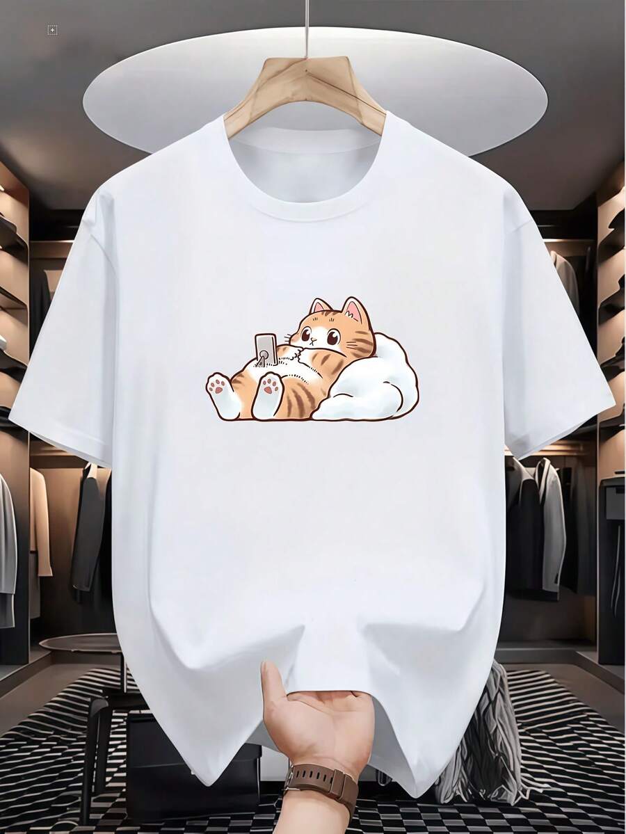 Top femenino manga corta cuello redondo en algodón puro, diseño estampado moderno, tela fresca y aireable, prenda versátil para look casual, ocasiones diarias y encuentros sociales todo el año - Blanco - Ver 1