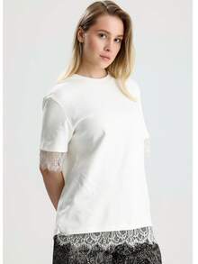 RoseArya Premium Cotton Lace Sleeve & Back T-Shirt - White - View 2