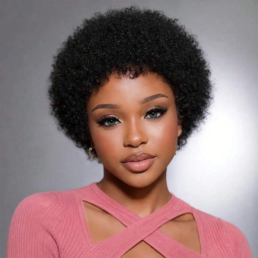 Wig Rambut Remy Keriting Afro Pendek 4-8 inci dengan Poni, Gaya Dasar Potongan Pixie Keriting Afro, Kepadatan 150% Rambut Manusia, Buatan Mesin Sepenuhnya, Tanpa Renda, Mudah Dipakai, Ideal untuk Pemakaian Sehari-hari dan Acara Khusus, Rambut Pendek Serbaguna - Natural Black - View 1