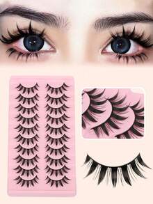 10 Pairs Thick Anime Style False Eyelashes, 16mm Natural Doll Lashes Suitable For Halloween/Party/Christmas Makeup, False Eyelash Strips - Black - View 5