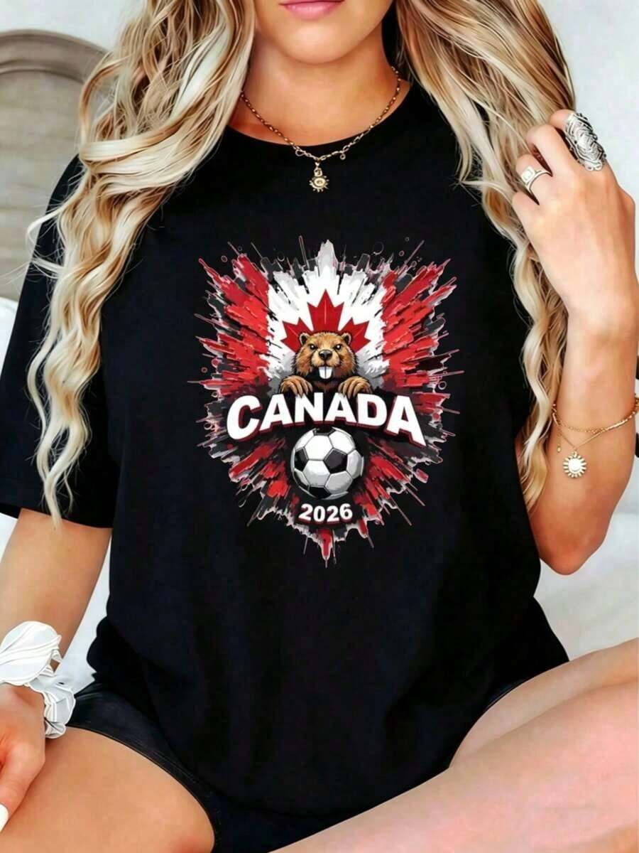 1pcs, Haut été,High-End Fabrics,-Casual Style Women's T-Shirt Canada Soccer Maple Leaf Beaver Design Summer Wear Gift For Friends And Family-Couple Style,Bachelorette Outfit,Summer Tops For Women And Men,100% Cotton,It Is The Perfect Choice For Holiday Celebrations Such As National Day, Victoria Day, Mother's Day, And Other Party Occasions - Black - View 1
