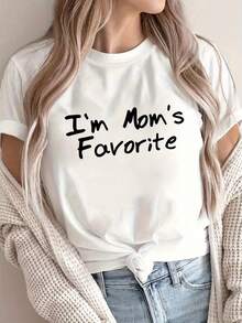 Camiseta Gráfica "Soy la Favorita de Mamá" para Mujer - Cuello Redondo, Manga Corta, Estampado en Letras Atrevidas, Ajuste Relajado, Lavable a Máquina, Cómoda para Todas las Estaciones, Ropa Casual, Versátil, Ideal para el Fin de Semana, Material Transpirable, Moda Actual - Blanco - Ver 6