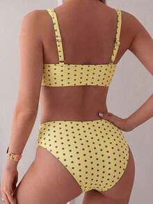 Conjunto de bikini de 2 piezas con parte superior de tirantes con estampado de color aleatorio y shorts de cintura alta para mujer, para vacaciones en la playa - Multicolor 8 - Ver 2