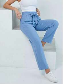 WOMEN CASUAL LOOSE FİT PANTS ELASTİC WAİST - Blue - View 3
