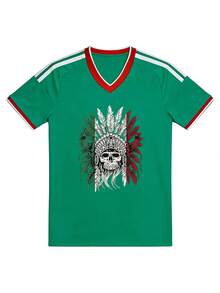 Playera Oversize Mujer Copa Mundial México "Calavera Azteca con Penachos" - Verde con Estampado Patriótico - Verde - Ver 2