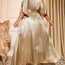 Cravure Plus Size Women V-Neck Loose Short Sleeve Tie Waist Ruffle Hem Elegant Maxi Party Gold Dress - Negro - Ver 3