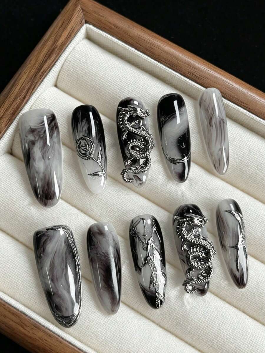 10片手工长指甲贴纸，水墨风格，饰有龙图腾和玫瑰图案。优雅复古，高端品质，可移除可重复使用，适合作为礼物、圣诞礼物、假指甲、长指甲贴纸。 - 彩色 - 查看 1