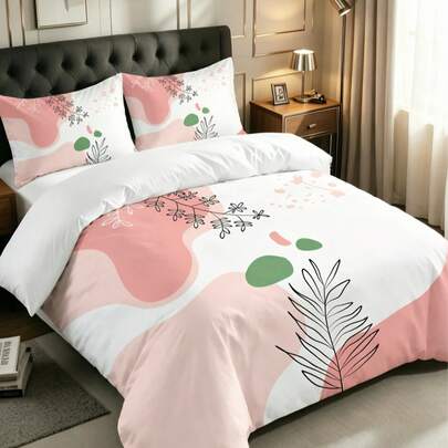3Pcs Boho Pink & Green Abstract Leaf Print Duvet Cover Set ,Pillow Cover Pattern Is Random ,Duvet Cover Set (1 Duvet Cover + 2 Pillowcase Without Pillow Insert), Bedding Set, Soft Warm And Cozy Bedding Set For Bedroom, Guest Room, Dormitory Decoration Soft Skin-Friendly