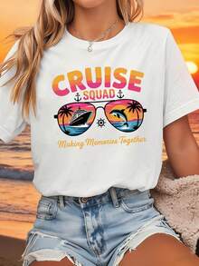 Plus Size - Cruise Ship Clothing; Creating Memories Together, Women's Oversized Casual Fashion, Spring And Summer Crew Neck T-Shirt With Sunglasses And Anchor Print, Perfect For Everyday Wear, Shopping And Gatherings - 白色 - 查看 1