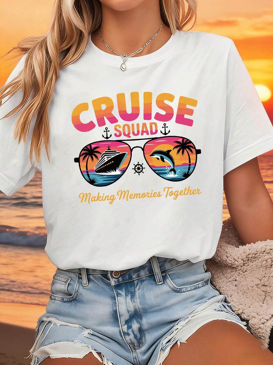 Plus Size - Cruise Ship Clothing; Creating Memories Together, Women's Oversized Casual Fashion, Spring And Summer Crew Neck T-Shirt With Sunglasses And Anchor Print, Perfect For Everyday Wear, Shopping And Gatherings - 白色 - 查看 1