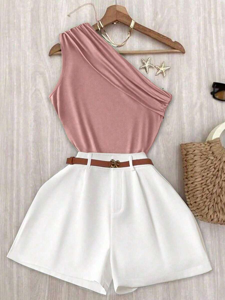 Set de 2 piezas con top de un solo hombro y shorts de unicolor casual de vacaciones para mujer - Rosa coral - Ver 1