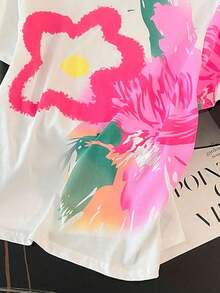 Conjunto informal de 2 piezas de mujer con estampado digital de rayas, cuello redondo y mangas cortas, regalo para amigos - Blanco - Ver 3