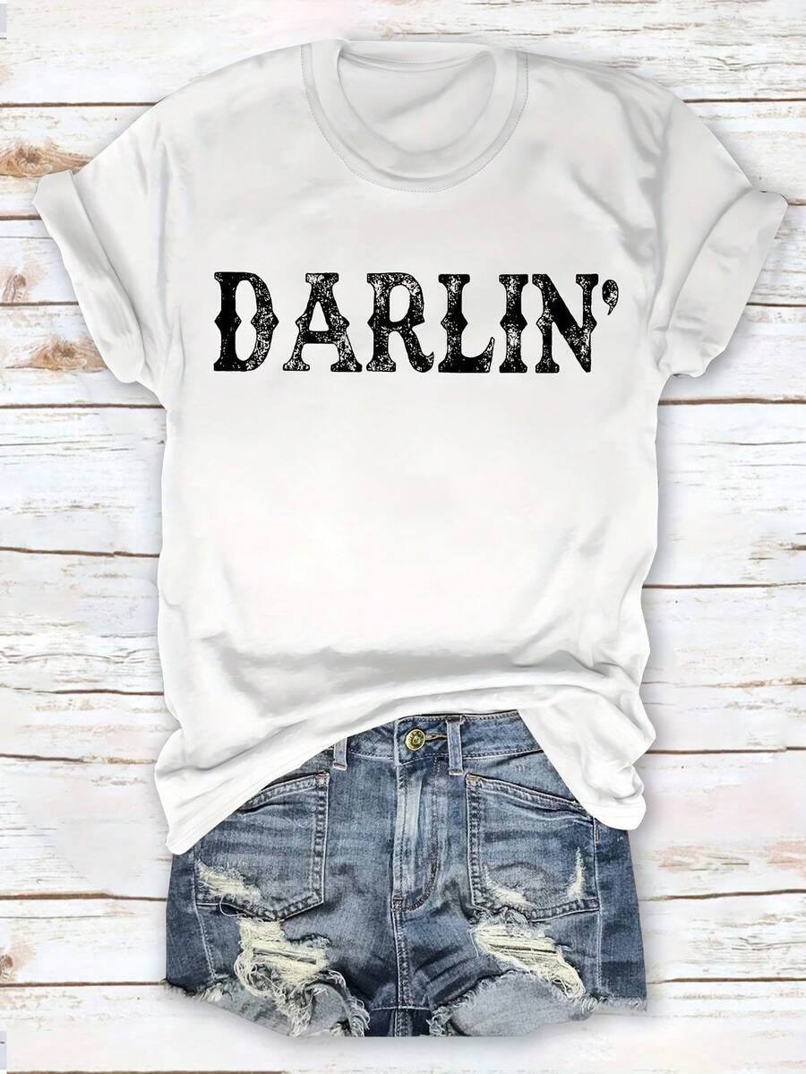 Camiseta de Cuello Redondo con Estampado de Letras Simple Estilo Europeo y Americano para Mujer, Marca Darlin - Blanco - Ver 1