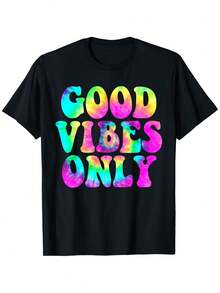 Talla Grande, Camiseta Oversize para Mujer Tallas 0XL-5XL - Top 100% Tie-Dye Psicodélico Arcoíris Estilo Bohemio con Estampado "Good Vibes Only", Cuello Redondo, Manga Corta, Ropa Casual de Playa Adecuada para Uso en Todas las Temporadas, Rosa/Morado/Verde/Azul/Negro - Negro - Ver 6