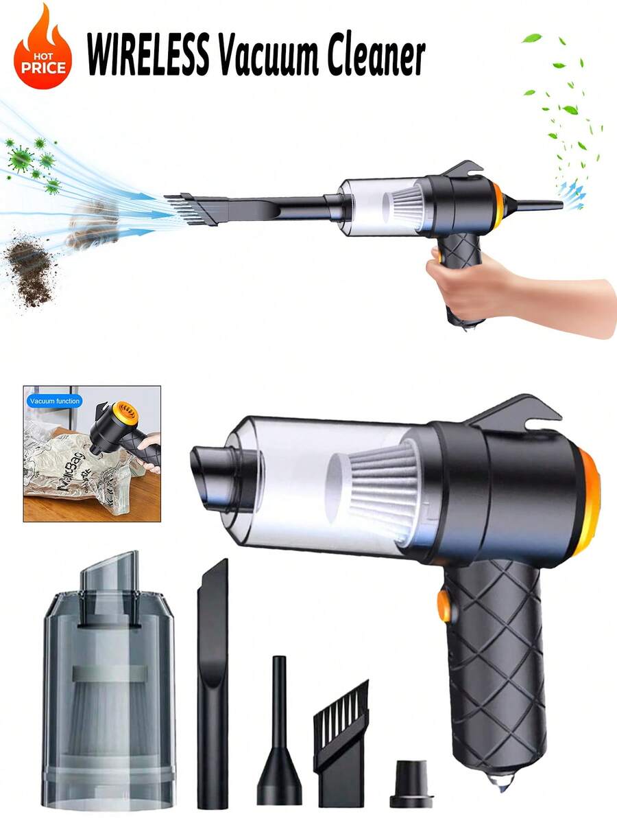 无绳车载吸尘器，大功率便携式迷你吸尘器，低噪音手持式车载吸尘器，多功能吹吸两用器，可充电车载清洁套装，适用于汽车、家庭、办公室、宠物、键盘等场所。