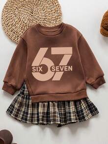 Tween Girl Cartoon Pattern Print Round Neck Long Sleeve Dress - Coffee Brown - View 2