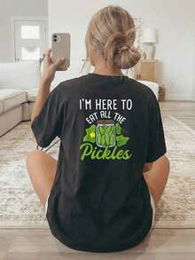 New Summer Collection 2026: Fashionable Women's T-Shirt [Double-Sided Print], Casual Short-Sleeve Round Neck Top, Printed With Green Pickle Cans And Text, Suitable For Casual Wear, Multipurpose Clothing, Fashionable T-Shirt, Comfortable Material, Summer T-Shirt For Style Enthusiasts. - 黑色 - 查看 3