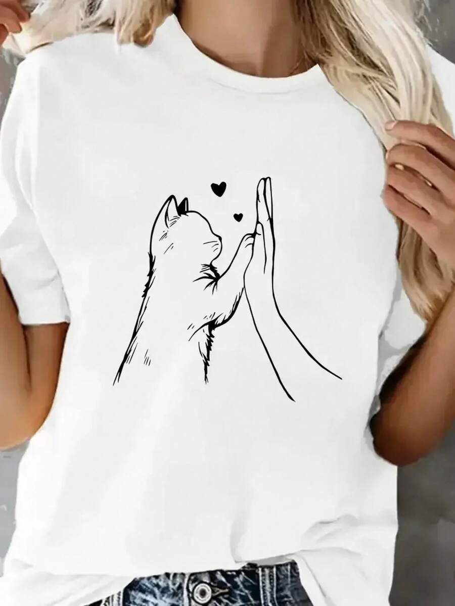 Camisetas de manga corta para mujer, cómodas y encantadoras, con estampado de pata de gato y corazón, camiseta de manga corta 100% algodón, camiseta para mujer, ropa, top, tee. - Blanco - Ver 1