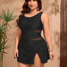 Swim Lushoire Plus Size Women's High-End Solid Color Splicing Mesh Wide Strap Slit Elegant Summer Beach Vacation One-Piece Swimsuit - Negro - Ver 2