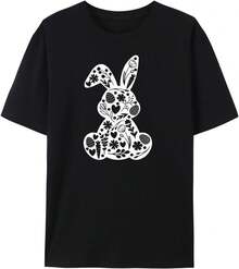 Camisetas de Pascua para Mujer con Estampado Floral de Conejo, Bonitas Camisetas con Huevos de Pascua, Camiseta Casual de Manga Corta para Primavera - Negro - Ver 6
