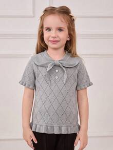 Kleine Mädchen Mode Strick Kurzarm Top, Schleifendesign, Lässiges Strick Kurzarm Top, vielseitig für den Alltag, Sommer - Grau - Übersicht 5