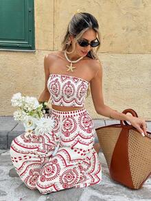 Frenchy Conjunto de 2 piezas de top tubo corto y pantalones de pierna ancha con estampado de plantas para vacaciones de mujer - Rojo - Ver 6