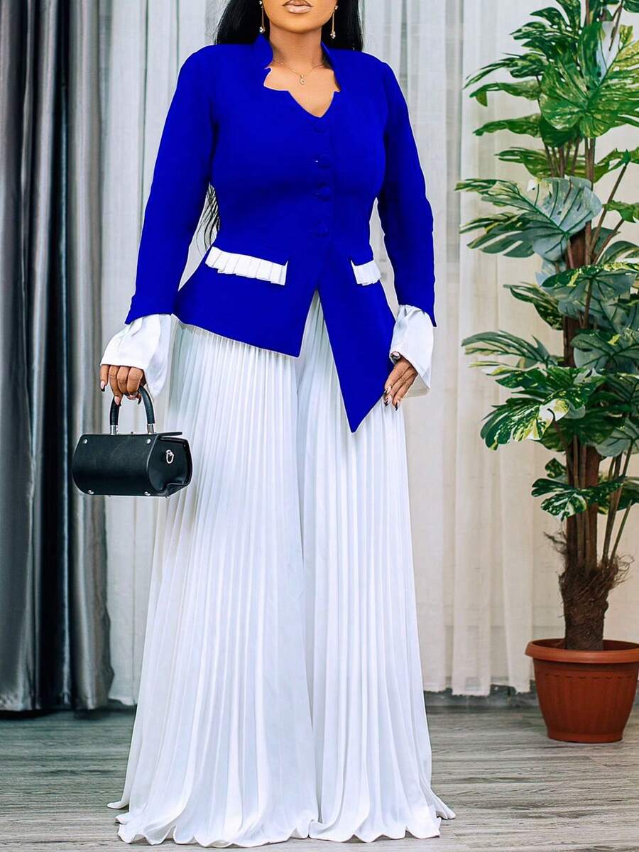 Nuevo 2026 Conjunto Dos Piezas Mujer Primavera Top Manga Campana Y Pantalón Pierna Ancha Plisado - Azul - Ver 1