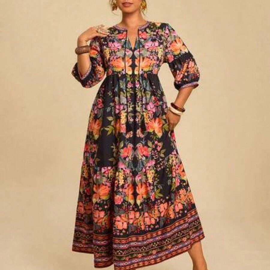 Plus Size Women's Pink & Green Tropical Plant Print Maxi Dress, V-Neck Tie Bow Long Sleeve Loose Casual Dress, Early Autumn Boho Dress Women Summer Dresses For Women With Sleeves Resort Dresses For Women Floral Print Dress French Dresses For Women Autumn Dress Going Out Dress Fall Clothes Fall Clothes Plus Size Autumn Clothes Wedding Guest Dress Elegant  Old Money Beach Outfits For Woman Resort Wear Women Ibiza Outfit - Negro - Ver 1