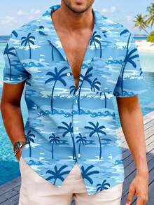 Men's Hawaiian Shirt Palm Tree Print Hawaiian Shirt Short Sleeve Casual Button Down Beach Shirt For Summer Vacation - 淺藍色 - 查看 2