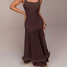 Sleeveless Square Neck Design, Knit Elastic Fabric Patchwork, Pleated Design, Ruffle Trim Detail, Extra Long Women's Dress, Suitable For Parties, Gatherings, Weddings, Spring Festival, Valentine's Day, Dates, Apricot Color, Summer Dress, Wedding Guest Dress, Romantic Dress - Albaricoque - Ver 7