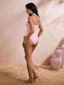 Elavelle Set de 2 piezas de traje de baño de una sola pieza con falda maxi, tirantes finos y decoración de estrella de mar, unicolor para mujer - Rosa - Ver 7