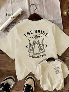 Camiseta casual de manga corta para mujer, de estilo moderno y minimalista, adecuada para fiestas de damas de honor y clubes nupciales, estampada en color albaricoque, corte holgado, cuello redondo, color negro, lavable a máquina, top de primavera/verano. - Albaricoque - Ver 7