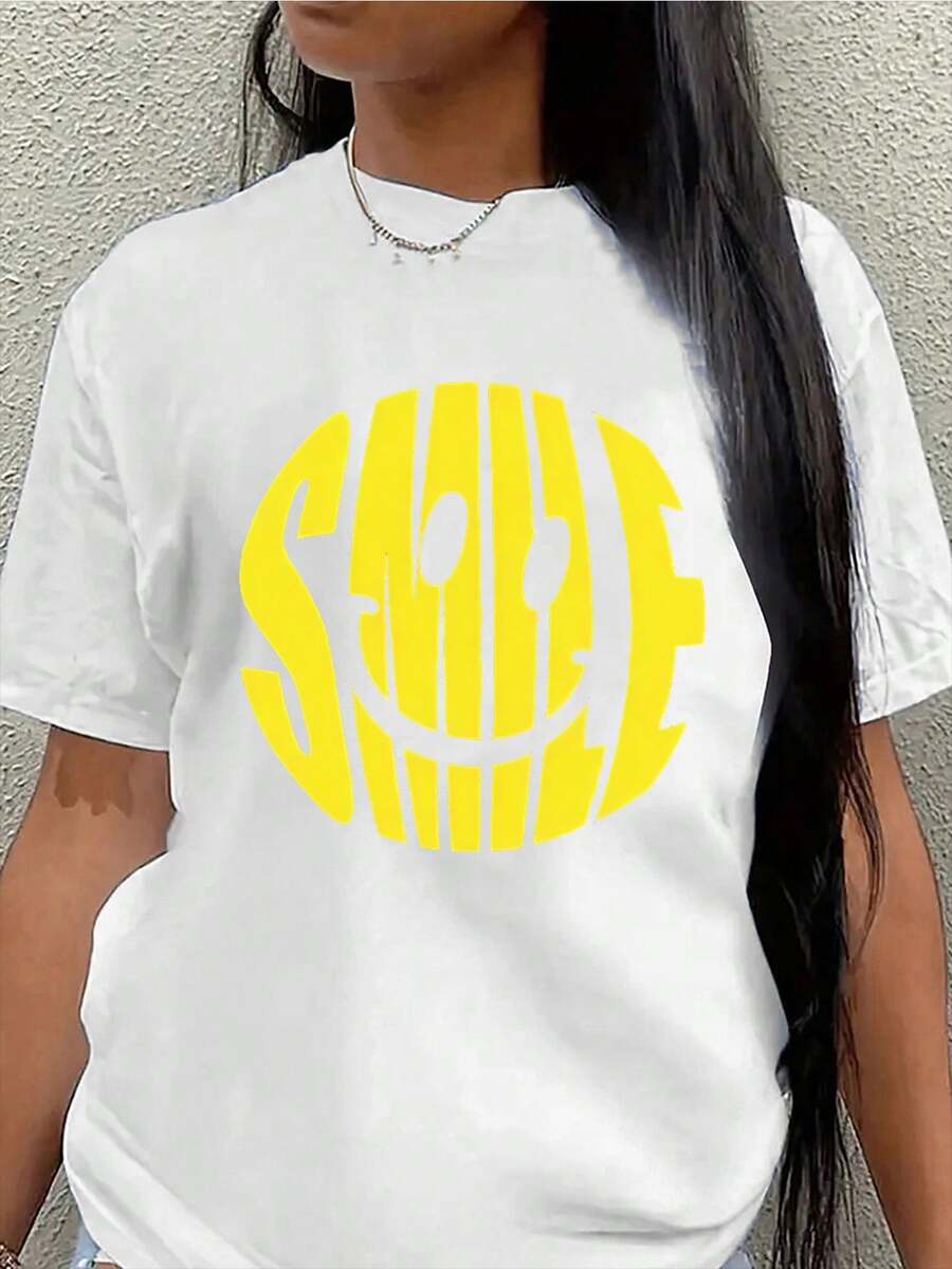 Camiseta de manga corta ligera y duradera con un alegre diseño de cara sonriente amarilla, perfectara salidas casuales en restaurantes o relarse en casa, que ofrece un uste cómodo para uso diario.