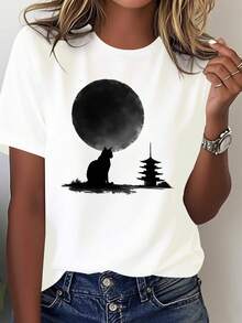 Women's T-Shirt With Japanese Cat And Pagoda Print - 100% Pure Cotton, Casual Top With Japanese Theme And Jukuji Character (Space) - Machine Washable Blouse, Casual Outfits And Japanese Culture - 白色 - 查看 1