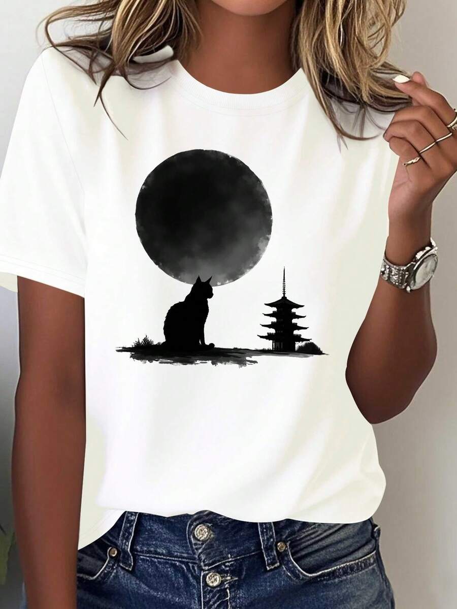 Women's T-Shirt With Japanese Cat And Pagoda Print - 100% Pure Cotton, Casual Top With Japanese Theme And Jukuji Character (Space) - Machine Washable Blouse, Casual Outfits And Japanese Culture - 白色 - 查看 1